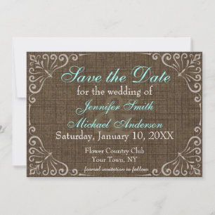 Reserve A Data Nome do cheio Vintage Rustic Burlap Blue Salvar Da