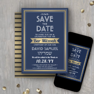 Reserve A Data Nome Hebraico Bar Mitzvah Azul Marinho Branco Dour