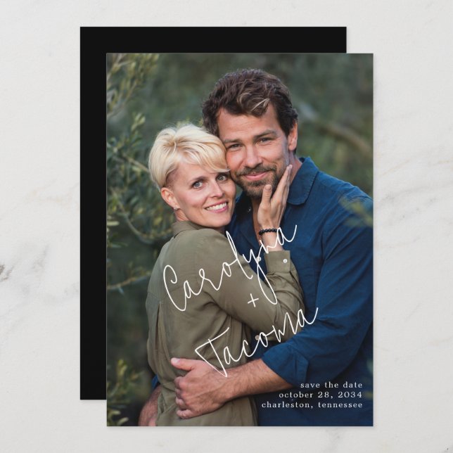 Reserve A Data Nomes de Tipografia Manuscritos Foto Salvar Data (Frente/Verso)