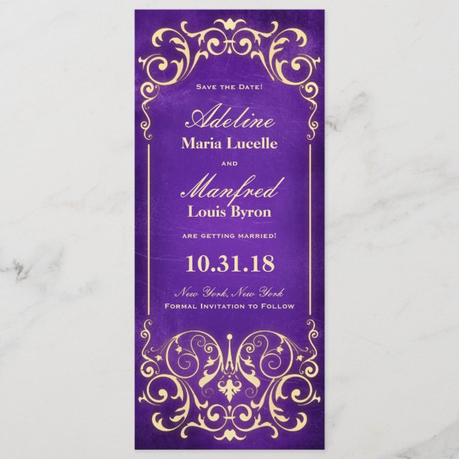 Reserve A Data Novo Vitoriano: Save the Date Dourado e Berinjela (Frente)