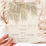 Reserve A Data O marfim da palmeira de ouro moderno salva a data<br><div class="desc">Palmeira de ouro simples e moderna,  com uma simples tipografia,  uma moda e tropical,  salvando a data do tema do casamento na folha de palmeiras com marfim esbranquiçado.</div>