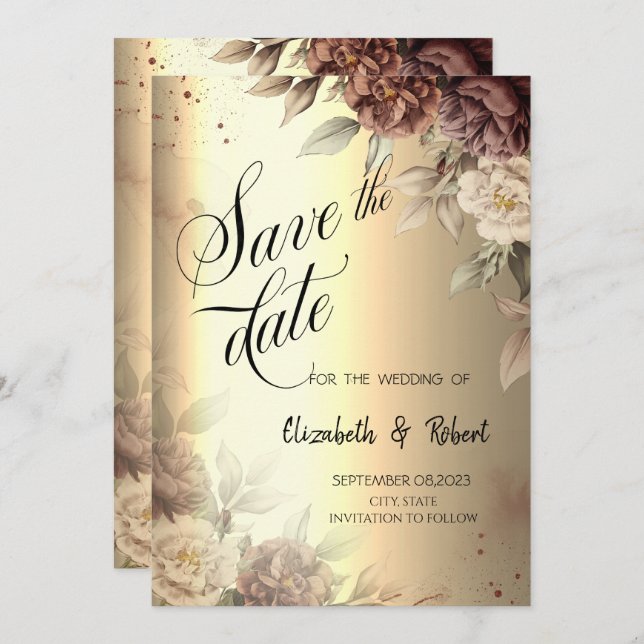 Reserve A Data O Script Dourado Elegante De Rosas Terracotta Salv (Frente/Verso)