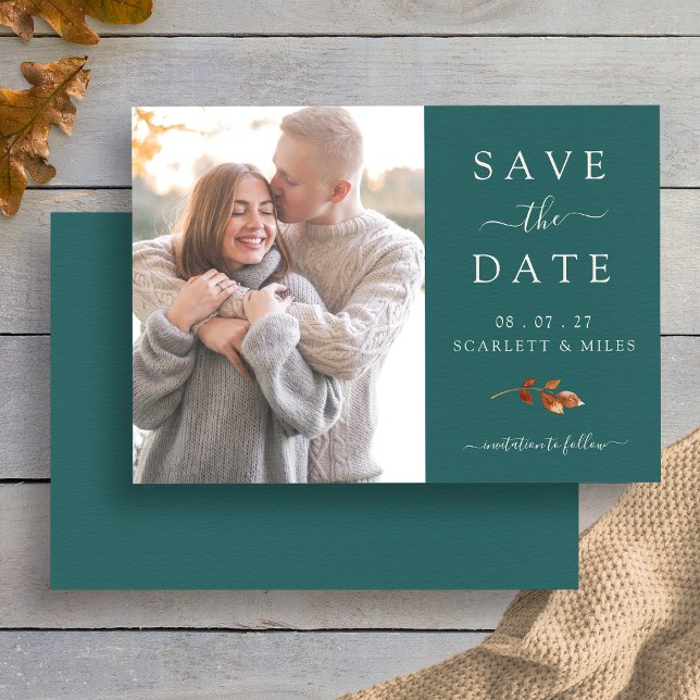 Reserve A Data O Teal Fall Deixa Foto Para Salvar O Casamento De  (Elegant Teal Fall Leaf Photo Save The Date Wedding Card by Painted Paperie
)