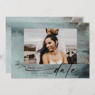 Reserve A Data Oceanic Teal Watercolor com Foto Dourada Salvar a 