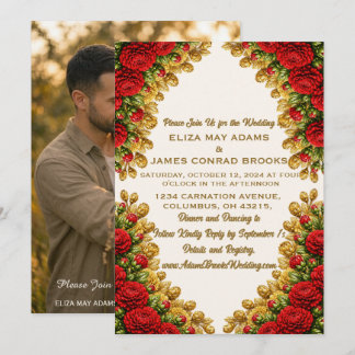 Reserve A Data Ohio Red Carnation Vertical Photo Wedding Invitati