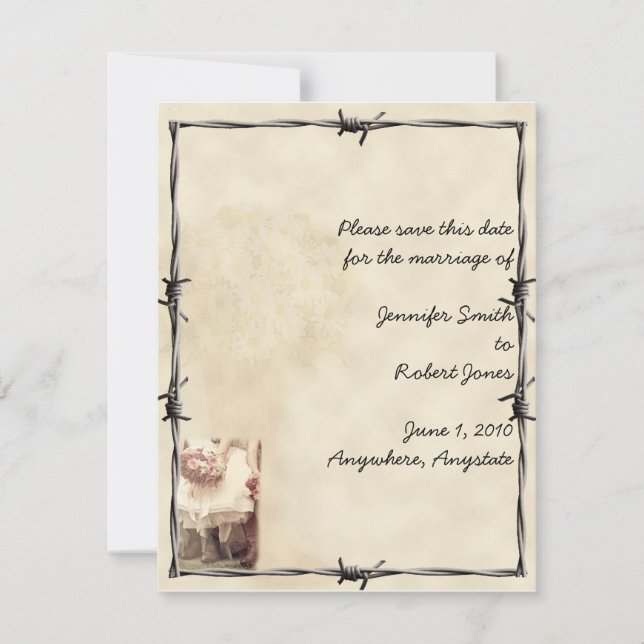 Reserve A Data Old West Boots and Buquês Save the Date Card (Frente)