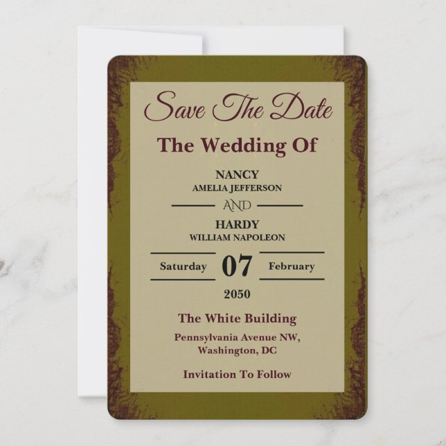 Reserve A Data Olive Rust Earthy Wedding Save The Date (Frente)