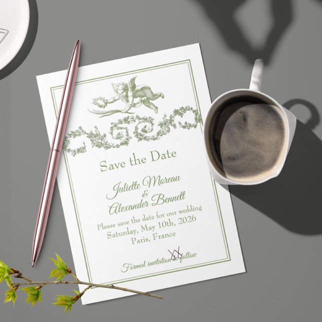 Reserve A Data Olive Sage Toile de Jouy Cherub Save the Date Card (Criador carregado)