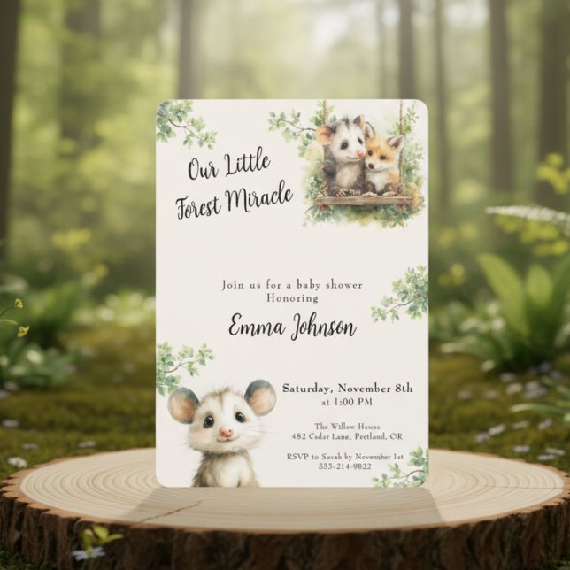 Reserve A Data Opossum Baby Shower Invitation • Woodland Animals (watercolor baby shower invitation with opossum and greenery on a forest background)