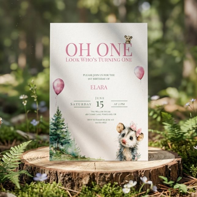 Reserve A Data Opossum Birthday Invitation • Oh One 1st Birthday (Watercolor birthday invitation with opossum and pine trees)