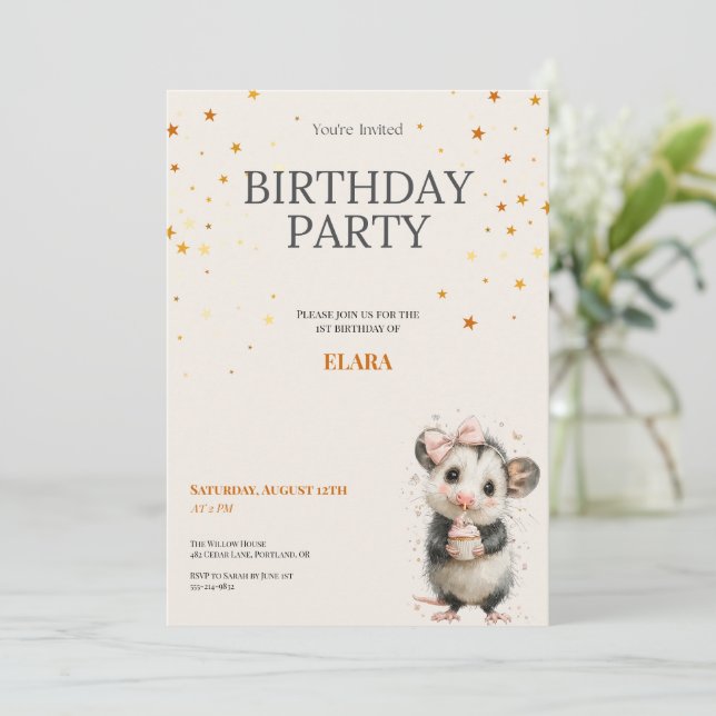 Reserve A Data Opossum Birthday Invitation • Woodland Party Theme (Em pé/Frente)