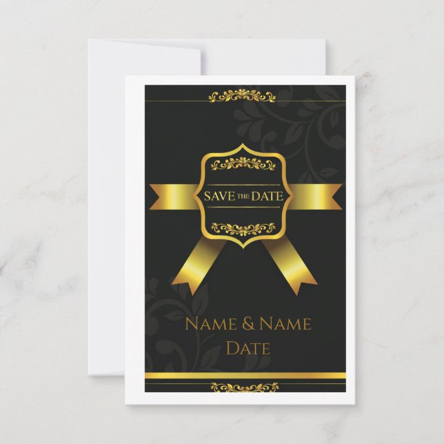 Reserve A Data Opulent Black Damask Wedding Save the Date (Frente)