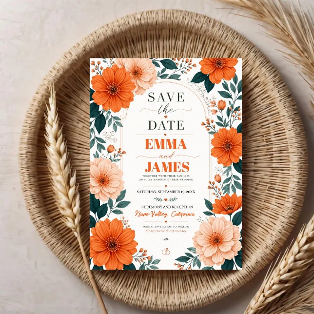 Reserve A Data Orange Floral  Wedding Invitation (Criador carregado)