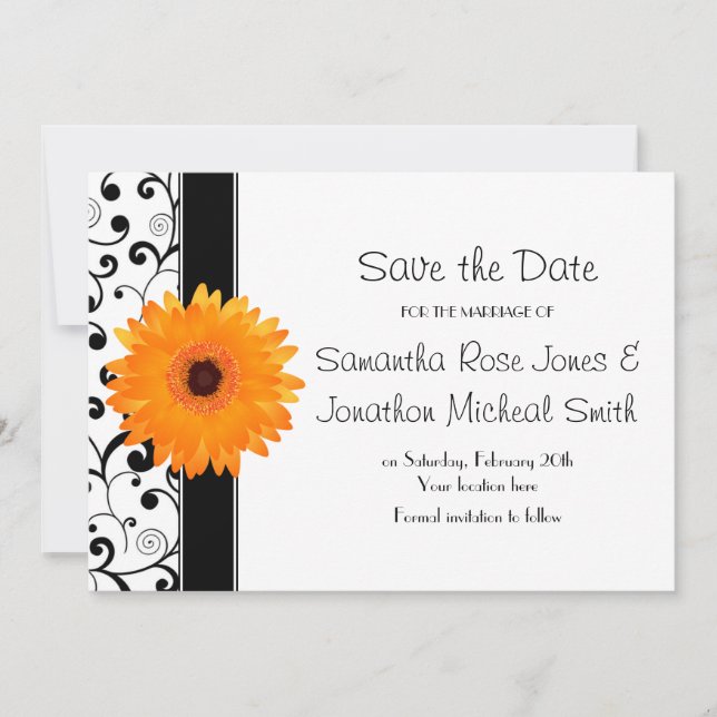Reserve A Data Orange Gerbera Daisy Black Scroll Salvar a Data (Frente)