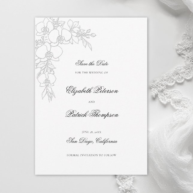 Reserve A Data Orchid Elevated White Formal Traditional Wedding (orchid wedding save the date formal modern classic traditional black tie parents hosted white)