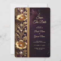 Ornamento Floral Dourado com Pérolas Save The Date