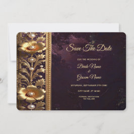Reserve A Data Ornamento Floral Dourado com Pérolas Save The Date