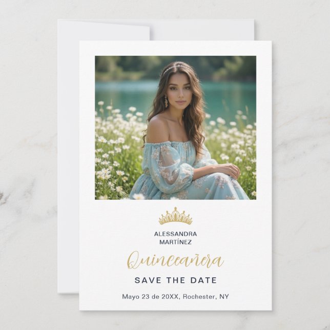 Reserve A Data Ornate Tiara Minimalist Quinceañera Photo Design (Frente)