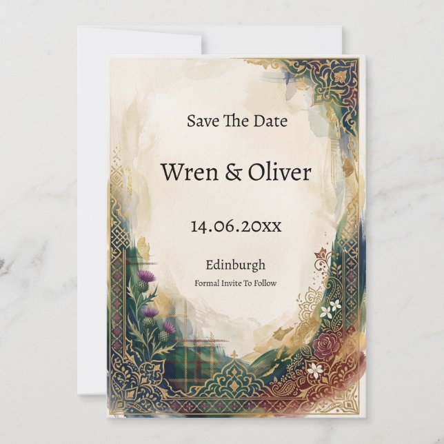 Reserve A Data Ornato Save The Date Card Têxtil Dourado e Verde-á (Frente)