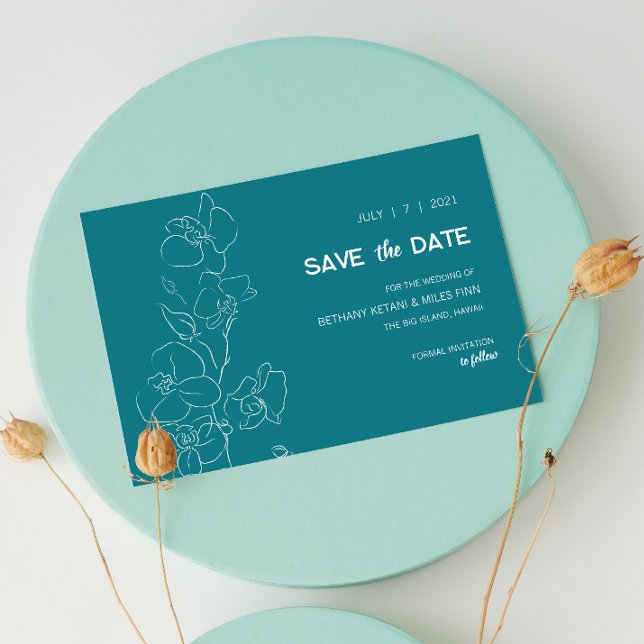Reserve A Data Orquídea Branca ・ Moderna Tropical Salvar a Data (White Orchid Save the Date with Teal Background)