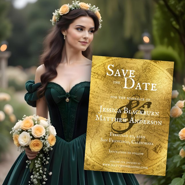 Reserve A Data Ouro de Mapa Mundial Antiquado (Antique World Map Golden Save The Date. Model is AI Gen.)