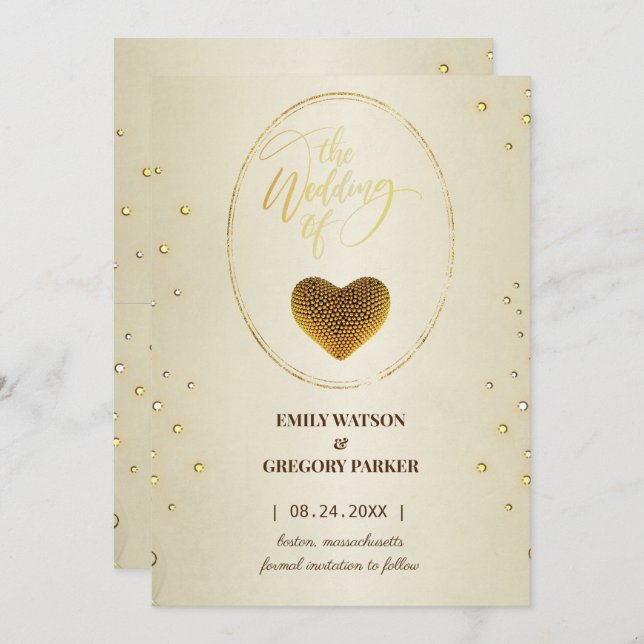 Reserve A Data Ouro elegante diamantes coração salvar a data (Frente/Verso)