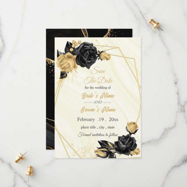 Reserve A Data ouro elegante e geometria floral negra (Frente/Verso In Situ)