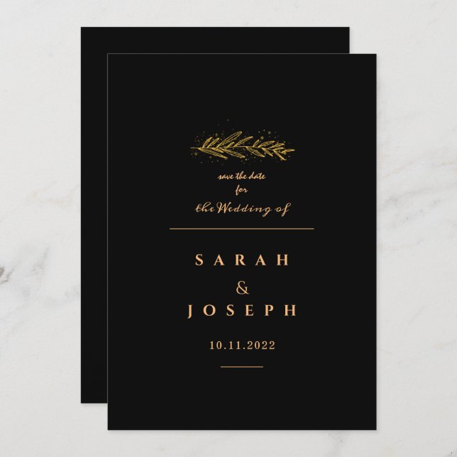 Reserve A Data Ouro Leaf Branch Esmaga Casamento Negro Elegante (Frente/Verso)