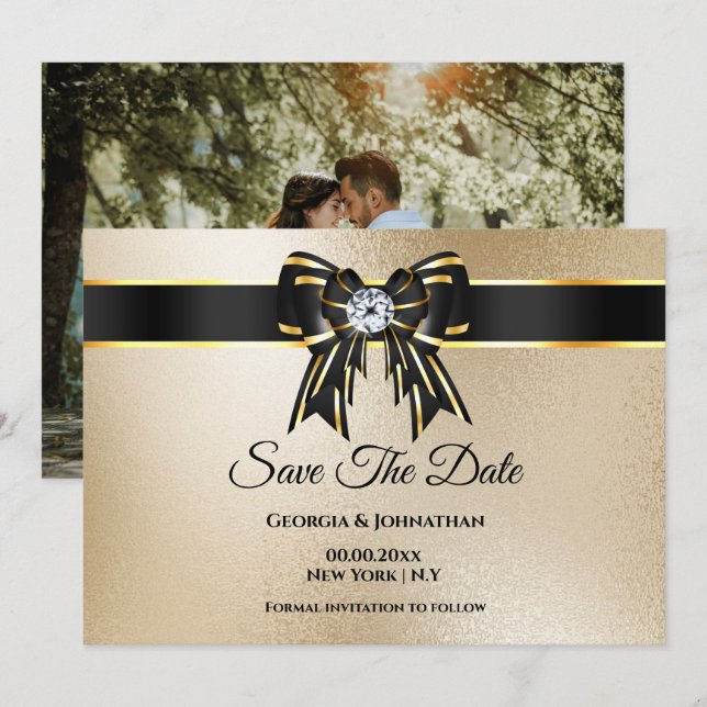 Reserve A Data Ouro preto brilho DIY foto elegante luxo chic (Frente/Verso)