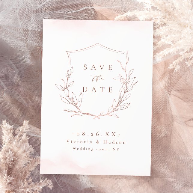 Reserve A Data Ouro rosa elegância simples crista botânica casame (Rose gold simple elegance botanical crest wedding save the date)