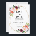 Reserve A Data Outono Borgonha Bege Floral geométrico Casamento<br><div class="desc">Cartão moderno de aviso de data com aquarela floral outonal colorida apresentando um buquê de rosas e dálias em tons de burgundy, marsala, rosa suave, rosa pastel, vermelho e laranja com folhas botânicas verdes exuberantes e folhagem de folhas de eucalipto. Com moldura geométrica com brilho dourado. Uma escolha de design...</div>