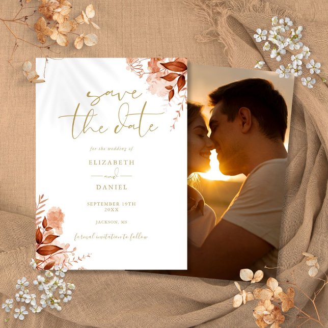 Reserve A Data Outono Floral Dourado Fotografia Casamento (Gold Autumn Fall Floral Photo Wedding Save The Date)