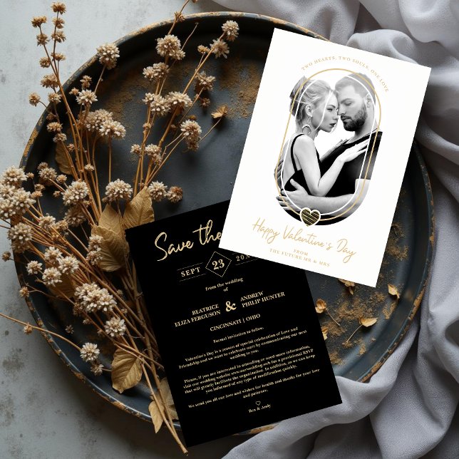 Reserve A Data Oval Effect Black Heart Happy Valentine's Day (Modern Oval Effect Black Heart Valentines Save the Date Photo Card with Envelope.)