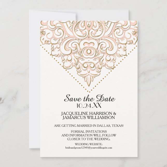 Reserve A Data Padrão Damask Ouro Pontos de Renda Save the Date F (Frente)