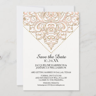 Reserve A Data Padrão Damask Ouro Pontos de Renda Save the Date F
