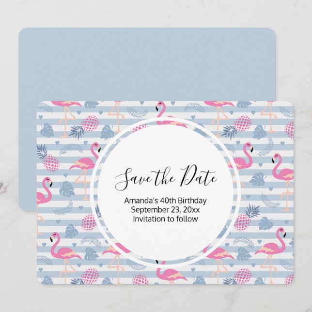 Reserve A Data Padrão de Flamingo e Abacaxi Whimsical Aniversário (Frente/Verso)