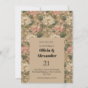 Reserve A Data Padrão Floral Botânico Lótus de Água Vintage