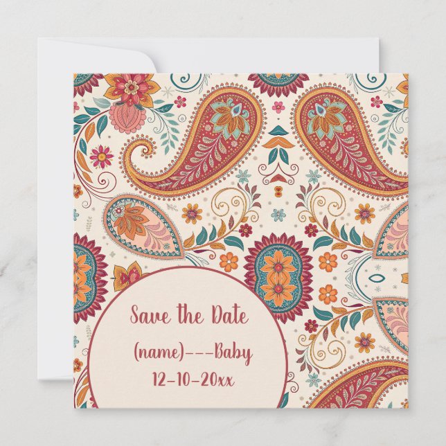 Reserve A Data Padrão Floral Branco Paisley Boho Vibrante (Frente)