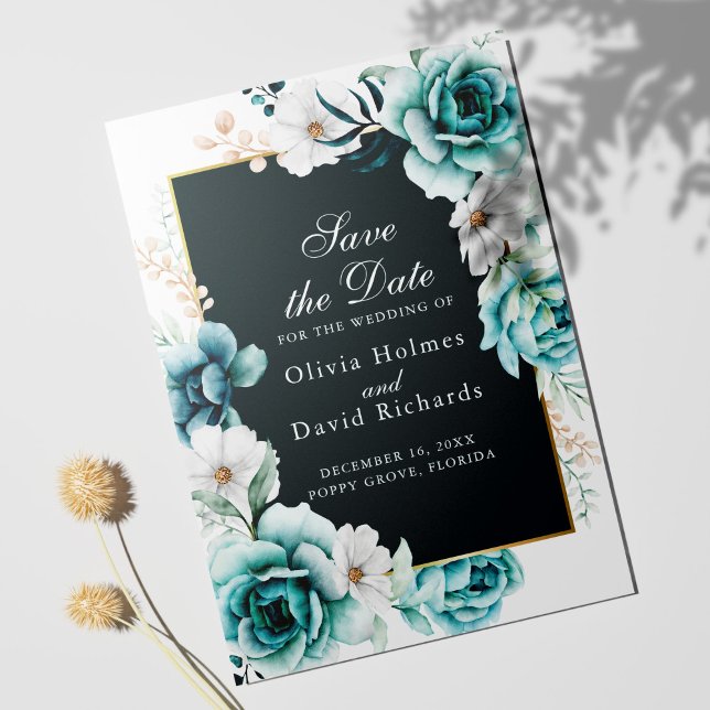 Reserve A Data Painel Verde-água Salve a Data | Wildflower (Teal and white floral Save the Date Card template on white background)