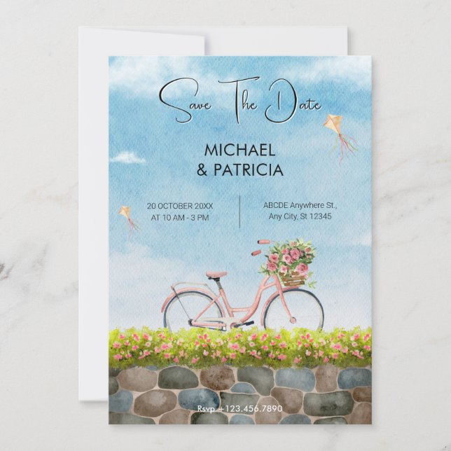 Reserve A Data Paisagem de bicicleta casamento céu azul  (Frente)