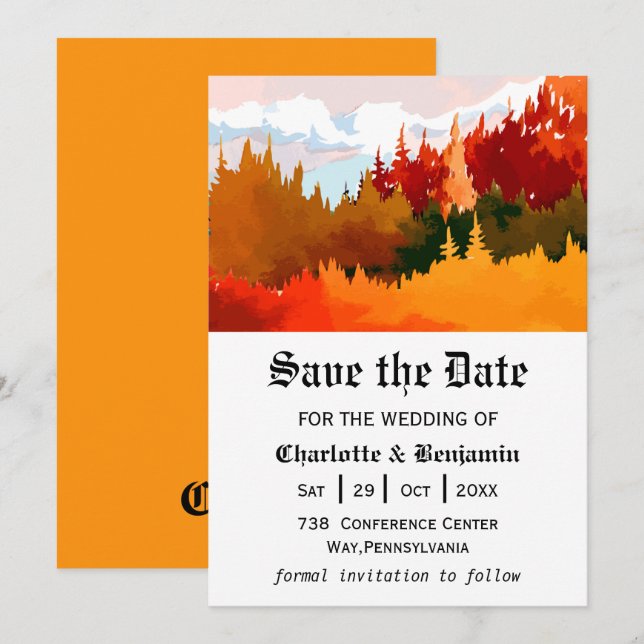 Reserve A Data Paisagem de Outono em Aquarela Laranja Salvar Data (Frente/Verso)