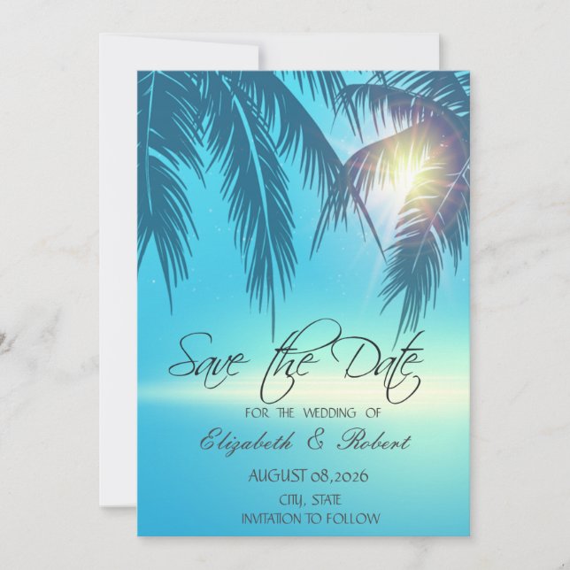Reserve A Data Palm Leaves Beach Blue Save The Date (Frente)
