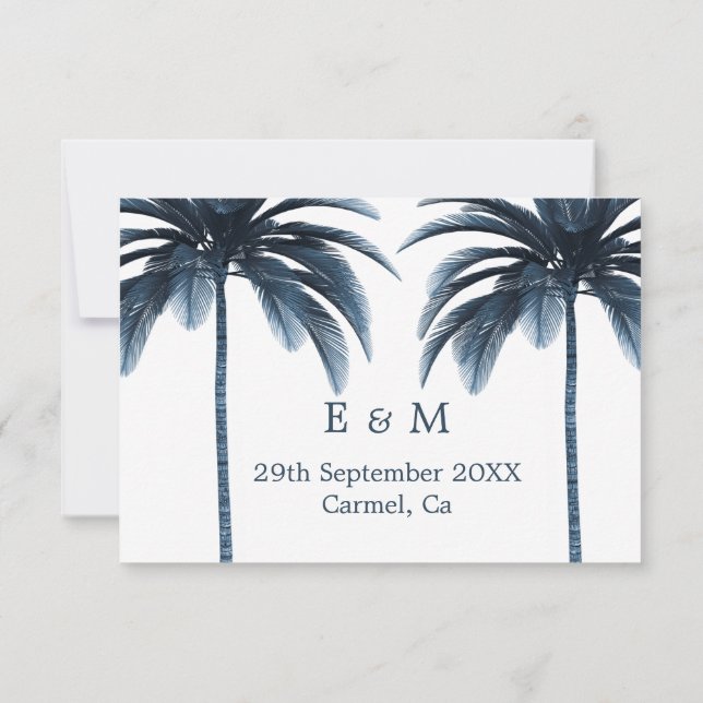 Reserve A Data Palm Tree Blue White Weding Date (Casamento Branco (Verso)