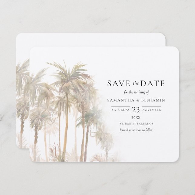 Reserve A Data Palm Trees Watercolor Destino Costeiro (Frente/Verso)