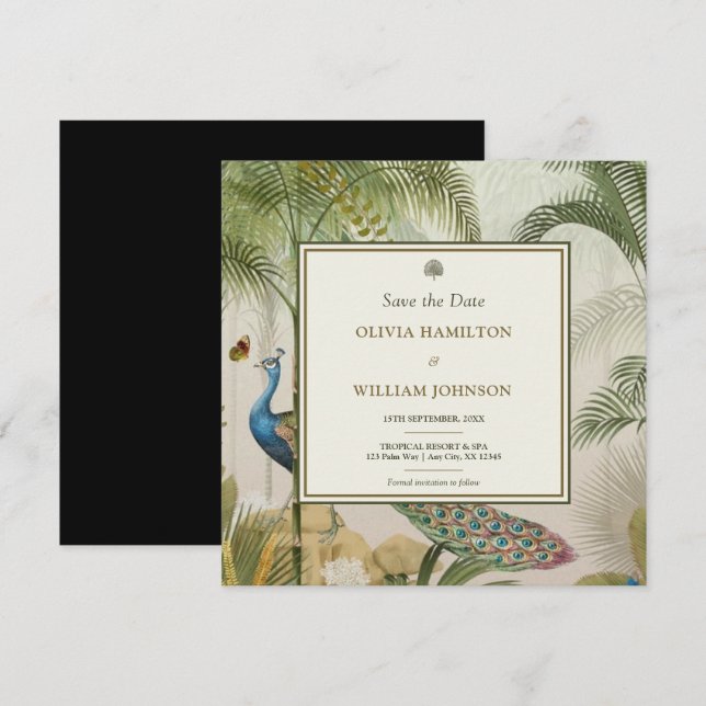 Reserve A Data Palma Tropical Preta Pavão Guarde a Data (Frente/Verso)