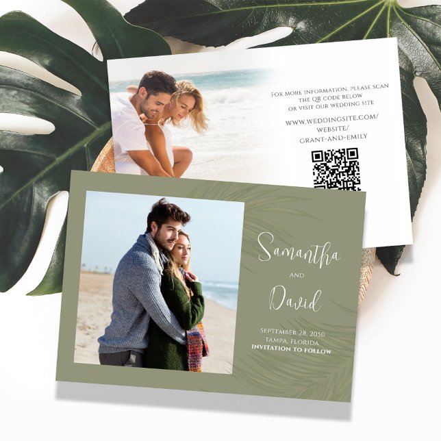 Reserve A Data Palma Verde Elegante Deixa Casamento (Beautiful green Palm Leaves Save the Date photo card with QR code. )