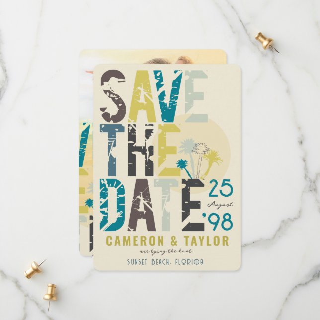 Reserve A Data Palmeiras azuis de praia tropical Foto Grunge Text (Frente/Verso In Situ)