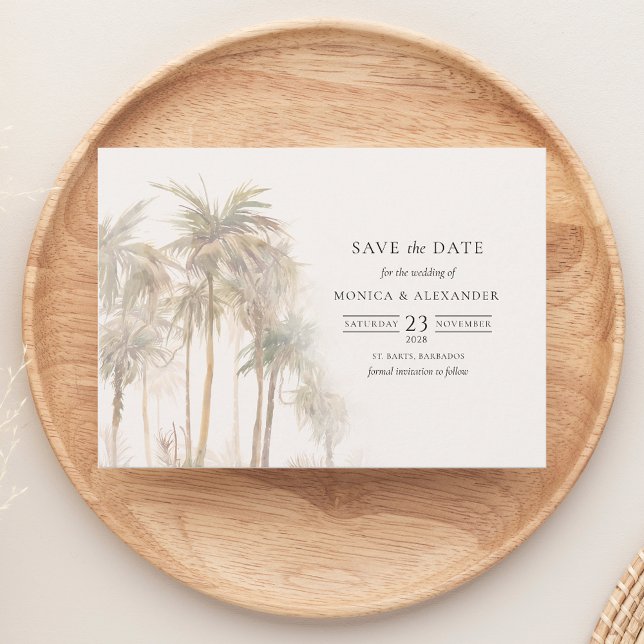Reserve A Data Palmeiras tropicais modernas (Modern Palm Tree Tropical Watercolor Save the Date Wedding Announcement)