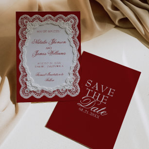 Reserve A Data Papel de renda branco Borgonha Doily Casamento Old