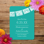 Reserve A Data Papel Picado Brilhante Aqua | Casamento Save The D<br><div class="desc">Este cartão de save the date de casamento apresenta banners tradicionais de casamento mexicano festivos chamados papel picado. São perfeitos para um casamento com tema mexicano.
Dica: Você pode alterar a cor do fundo usando a ferramenta conta-gotas.
Veja o convite de casamento coordenado abaixo... </div>